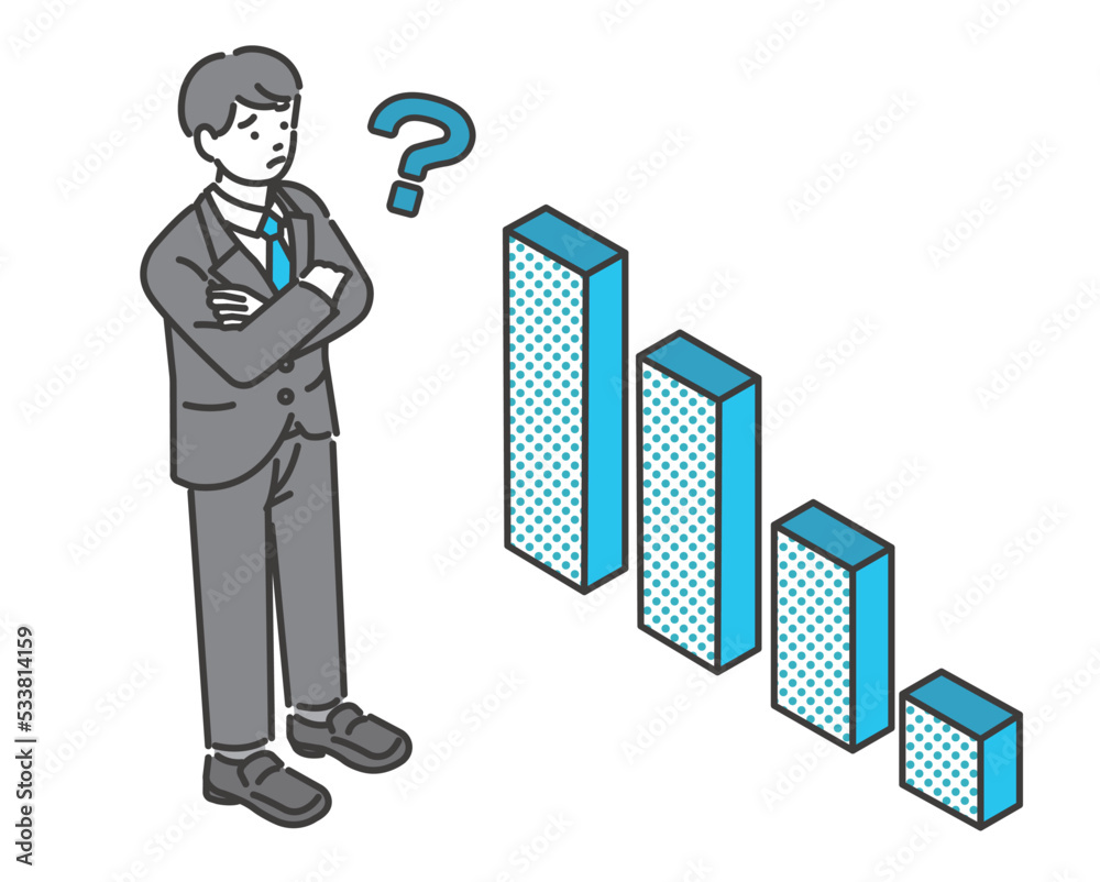 Fototapeta premium 右肩下がりのグラフを見て、悩むビジネスマンのベクターイラスト素材／アイソメ／サラリーマン