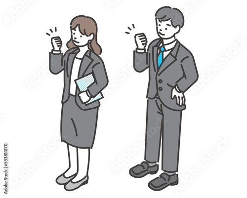 ガッツポーズを取る、ポジティブなビジネスマンとビジネスウーマンのベクターイラスト素材／アイソメ／サラリーマン