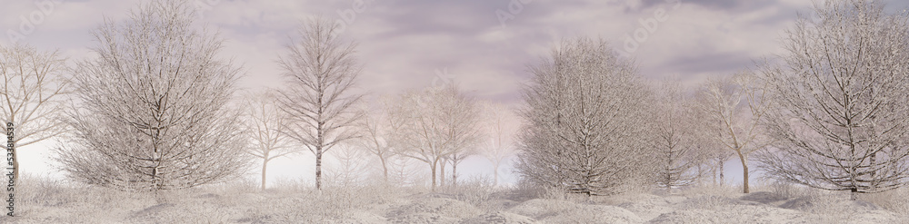 Seasonal Background with Snow covered Trees in a Pale Mist. Serene Winter Woodland Banner. Seasonal Background with Snow covered Trees in a Pale Mist. Serene Winter Woodland Banner.