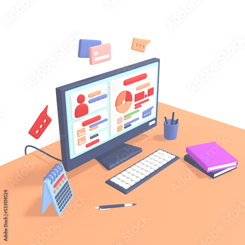 3D Illustration of workspace on PNG background. 3D rendering of screen workspace with pc laptop illustration.