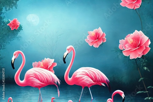 Two flamingos couple standing in lake, fantasy magical enchanted fairy tale landscape with pair of elegant birds, fairytale blooming pink rose flower garden on mysterious blue background in night.