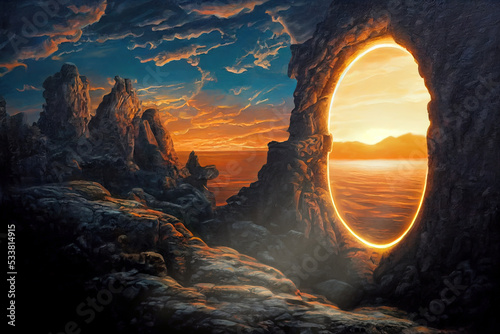 Stone portal on the seashore. A temporary anomaly of the transition from dusk to dawn. Realistic digital illustration. Fantastic Background. Concept Art. Video Game Scene. CG Artwork.