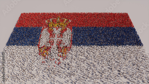 A Crowd of People coming together to form the Flag of Serbia. Serbian Banner on White. photo