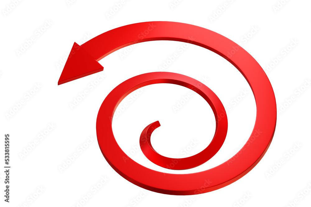 Red writhing arrow. Pointer looks like whirlpool. Red arrow points to side. Button in form of arrow for site or application. Visualization pointer isolated on white. Pointer turns to middle. 3d image Red writhing arrow. Pointer looks like whirlpool. Red arrow points to side. Button in form of arrow for site or application. Visualization pointer isolated on white. Pointer turns to middle. 3d image