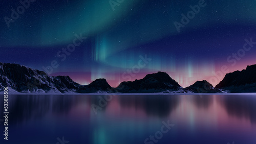 Winter Landscape with Aurora Lights. Blue Sky Wallpaper with copy-space.