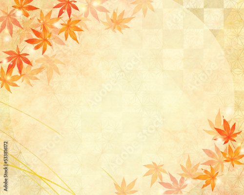 美しいもみじー金箔ー市松模様ー和紙の壁紙ー秋のイメージキラキラゴールド背景素材フレーム