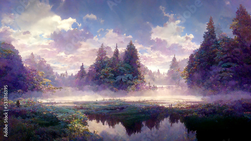 Beautiful landscape, lake, forest, sky, clouds, digital illustration