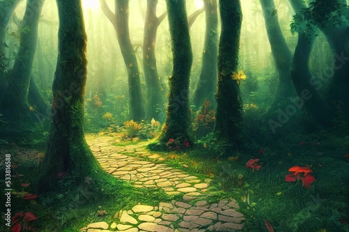Enchanting fantasy fairy tale forest background for your artistic creations, 3d render painting.