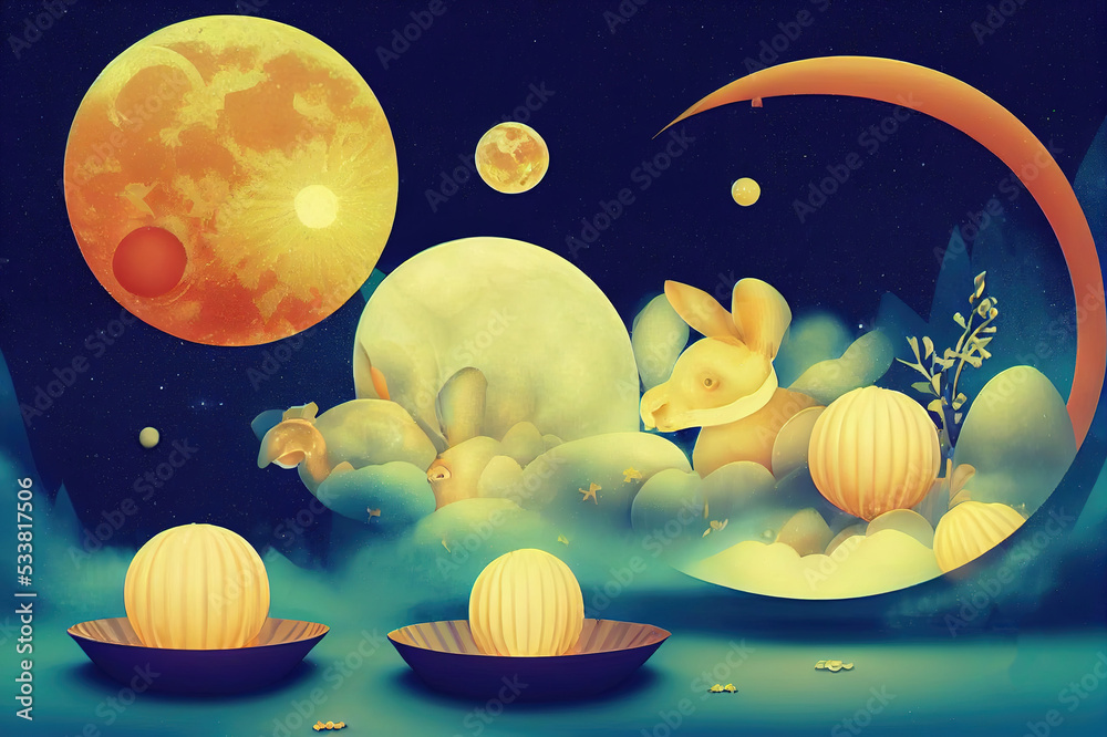 Fototapeta premium Mid Autumn festival 3d illustration. Jade rabbits pounding mochi on a glass disc in night sky. Moon cake and pieces floating around. Translation Happy mid autumn festival. August 15th