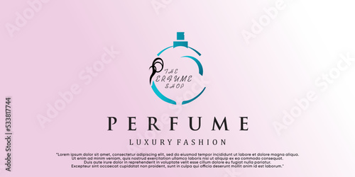 Feminine beauty perfume logo template. creative linear style fragrance, spray bottle, luxury design Premium Vector