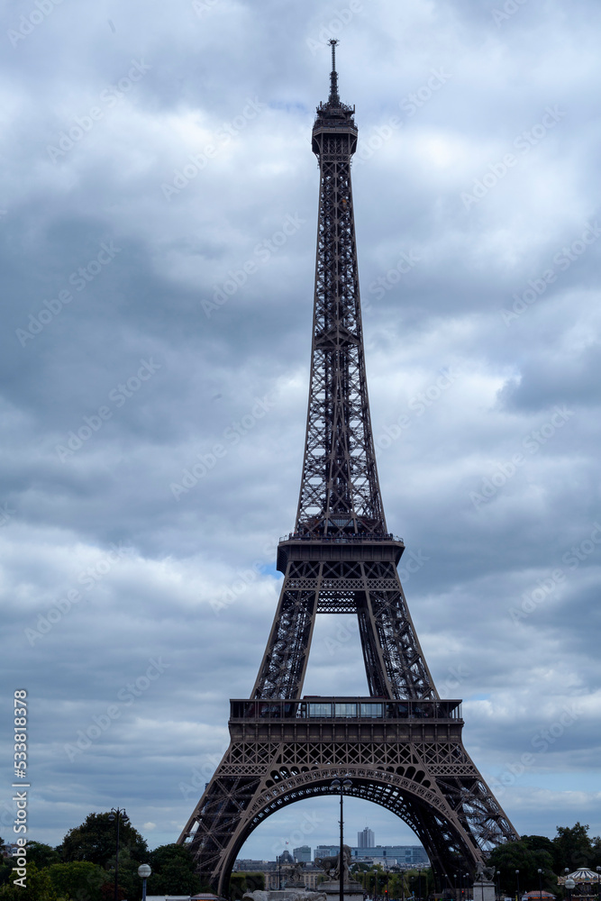 Long Shot of the Eifel Tower with a cloudy background, land mark, paris, france