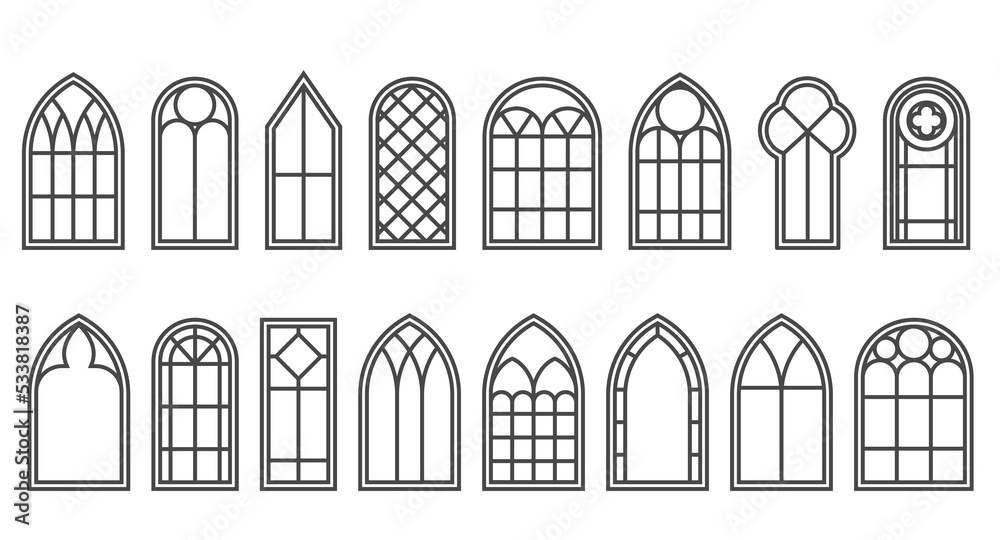 Gothic windows outline set. Silhouette of vintage stained glass church frames. Element of traditional european architecture. Vector outline illustration