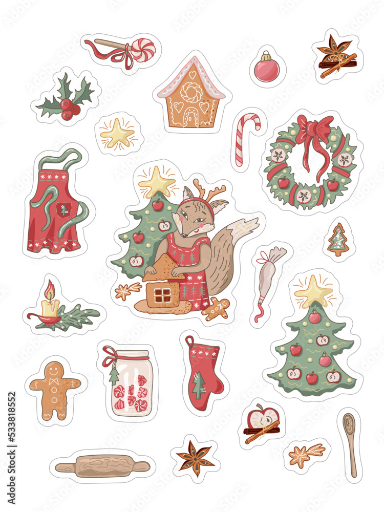 Christmas bakery stickers set with fox, gingerbread house, spices, new year tree and wreath. Vector illustration.