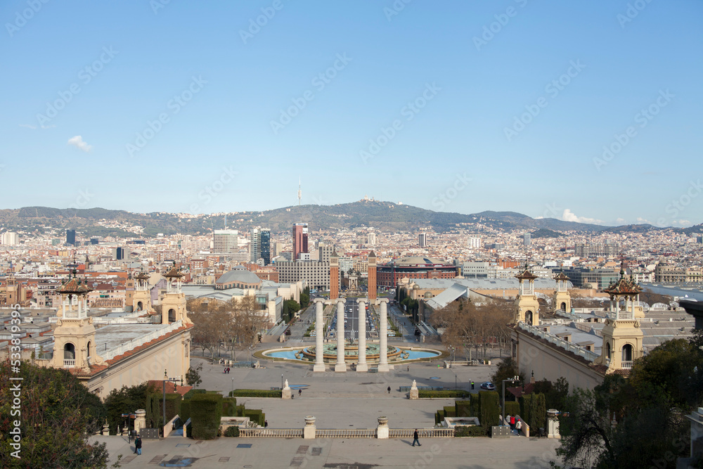 wide cityscape of plaza de les cascades barcelona, spain, Fuente Magica