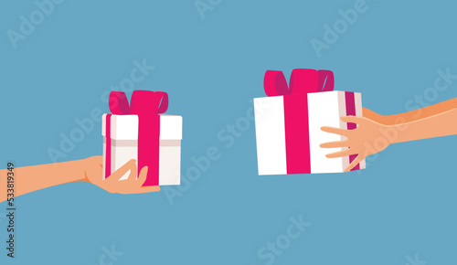 People Exchanging Gifts for Christmas Holiday Vector Cartoon. Husband and wife offering each other gifts for the winter holidays
