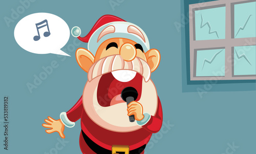 Drunk Santa Singing Loudly Breaking Windows Funny Cartoon Illustration. Funny Christmas karaoke party with talentless Santa performer

