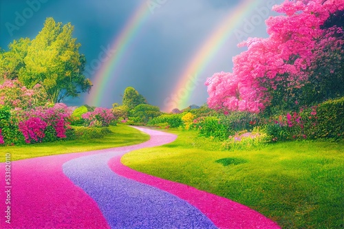 Fantasy panoramic photo background with pink and yellow rose garden, path leading to fabulous rainbow unicorn house. Idyllic tranquil morning scene and empty copy space. Road goes across fairy hills.