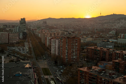 Cityscape of Barcelona and mount tibidabo during sunset