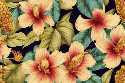 Wallpaper Mural Gold hibiscus flowers bouquets, protea flowers, banana leaves, palm, hummingbirds. Tropical exotic vintage seamless pattern. Hand drawn 3D illustration. Good for luxury wallpapers, cloth, fabric print Torontodigital.ca