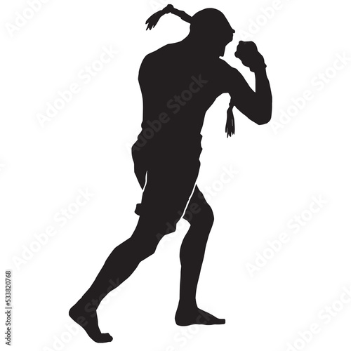 Male silhouette Muay Thai kickboxing kick boxer boxing men isolated. Thai Boxing fight traditional dance before fight, Vector illustration
