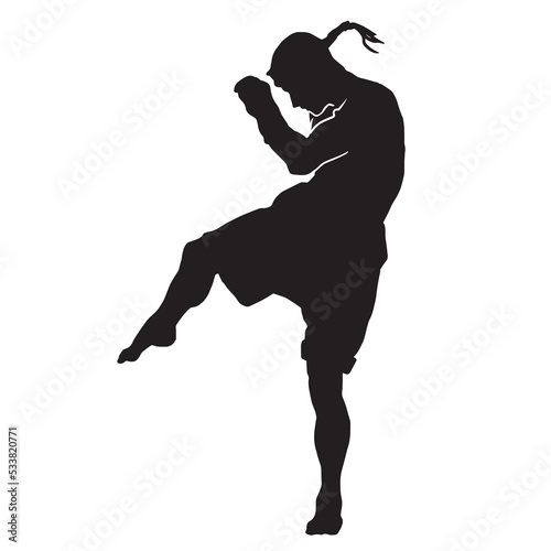 Male silhouette Muay Thai kickboxing kick boxer boxing men isolated. Thai Boxing fight traditional dance before fight, Vector illustration