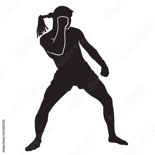 Male silhouette Muay Thai kickboxing kick boxer boxing men isolated. Thai Boxing fight traditional dance before fight, Vector illustration