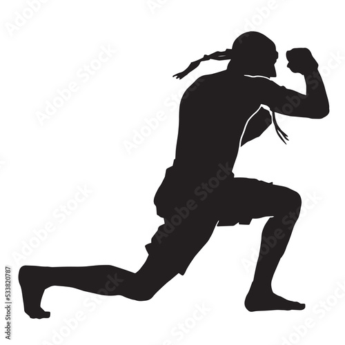 Male silhouette Muay Thai kickboxing kick boxer boxing men isolated. Thai Boxing fight traditional dance before fight, Vector illustration