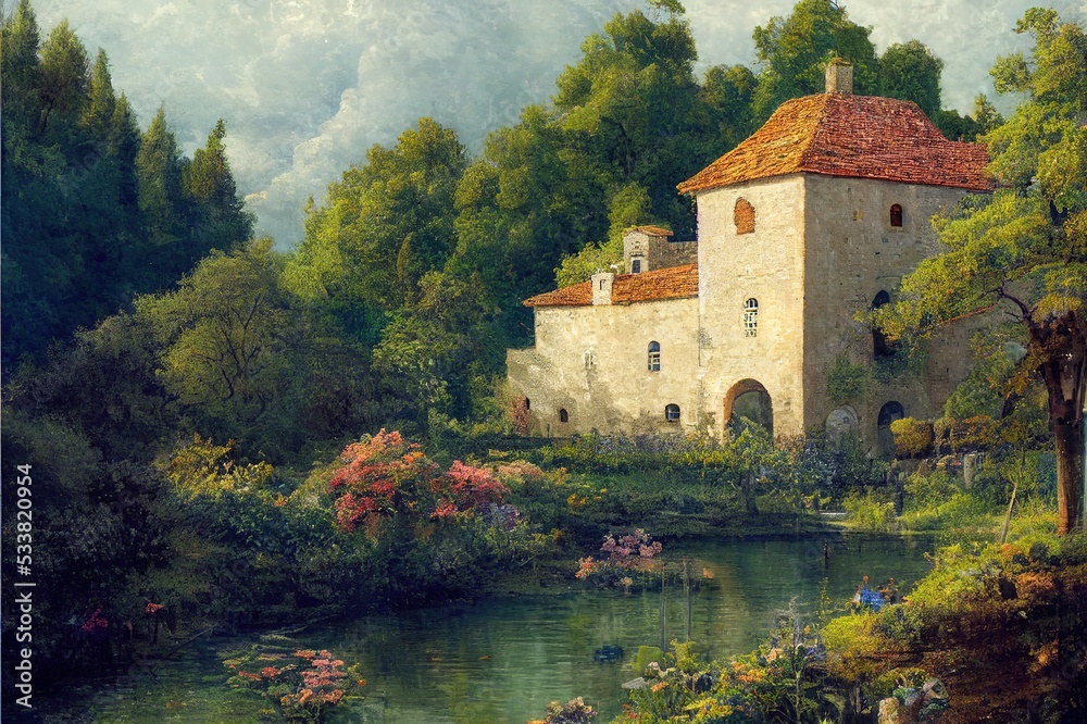 The picturesque old castle of the Ninfa Garden. High quality illustration