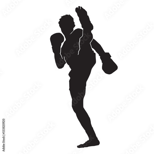 Male silhouette Muay Thai kickboxing kick boxer boxing men isolated. Thai Boxing fight traditional dance before fight, Vector illustration