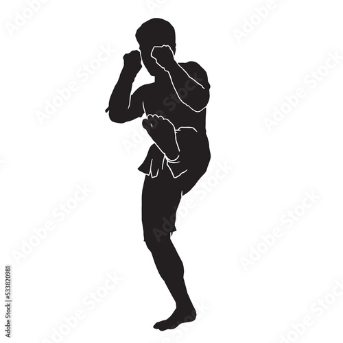 Male silhouette Muay Thai kickboxing kick boxer boxing men isolated. Thai Boxing fight traditional dance before fight, Vector illustration