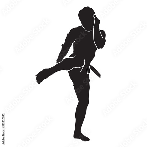 Male silhouette Muay Thai kickboxing kick boxer boxing men isolated. Thai Boxing fight traditional dance before fight, Vector illustration