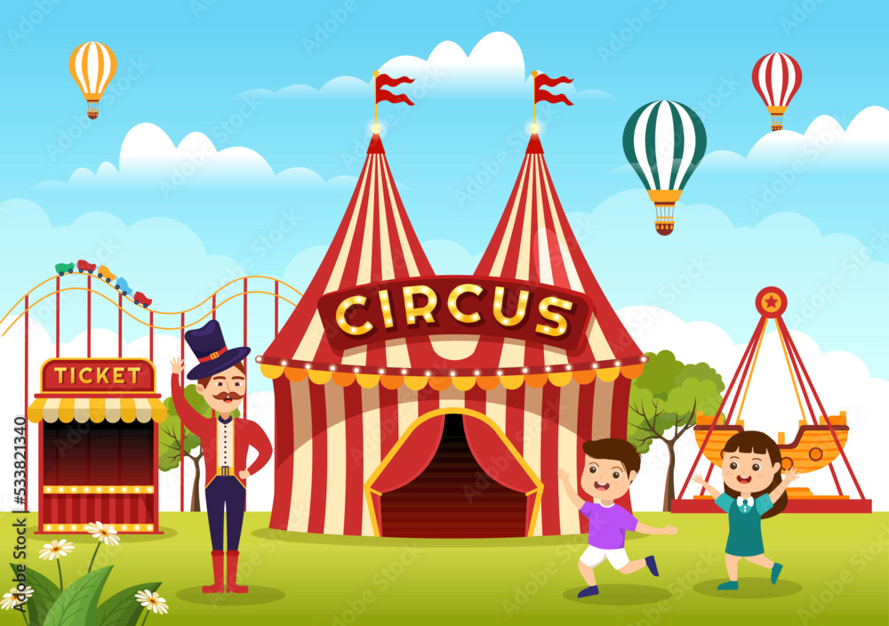 Circus Template Hand Drawn Cartoon Flat Illustration with Show of Gymnast, Magician, Animal Lion, Host, Entertainer, Clowns and Amusement Park