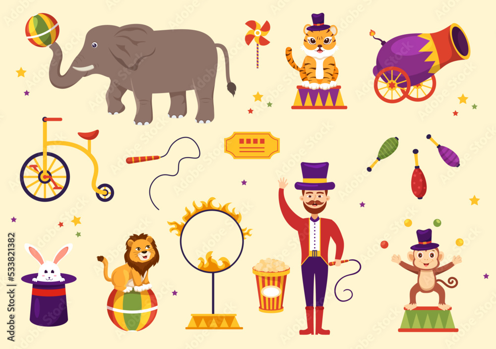 Circus Template Hand Drawn Cartoon Flat Illustration with Show of Gymnast, Magician, Animal Lion, Host, Entertainer, Clowns and Amusement Park Circus Template Hand Drawn Cartoon Flat Illustration with Show of Gymnast, Magician, Animal Lion, Host, Entertainer, Clowns and Amusement Park