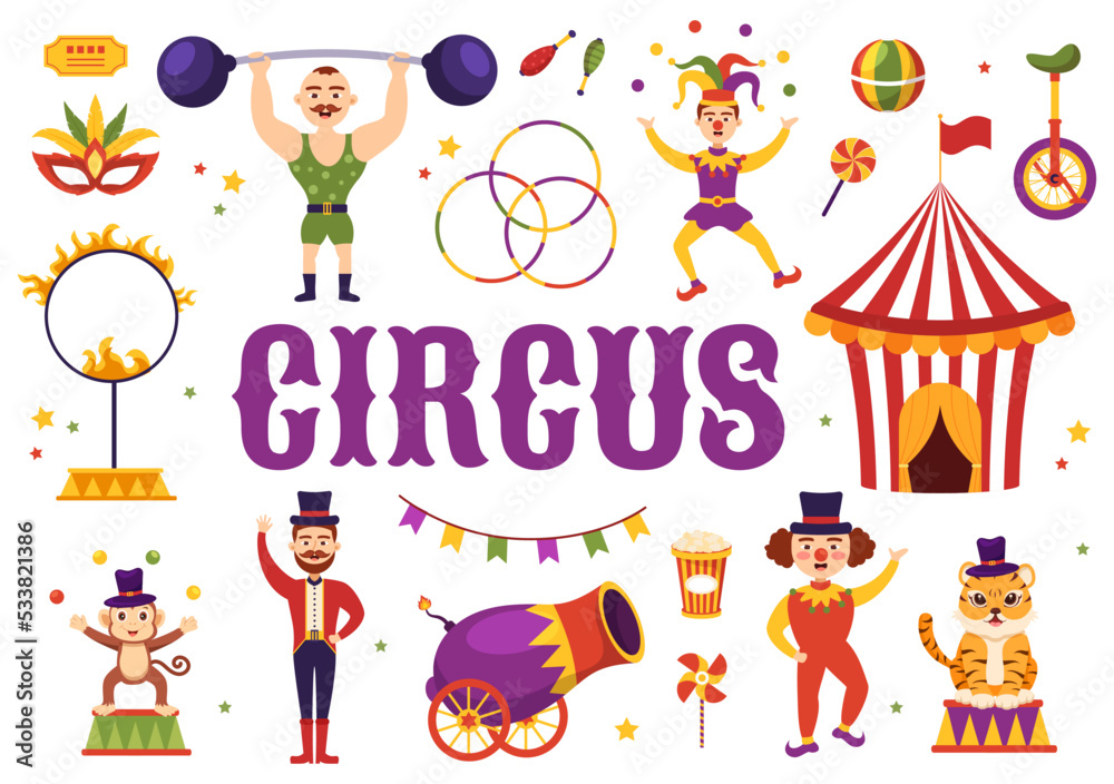 Obraz premium Circus Template Hand Drawn Cartoon Flat Illustration with Show of Gymnast, Magician, Animal Lion, Host, Entertainer, Clowns and Amusement Park