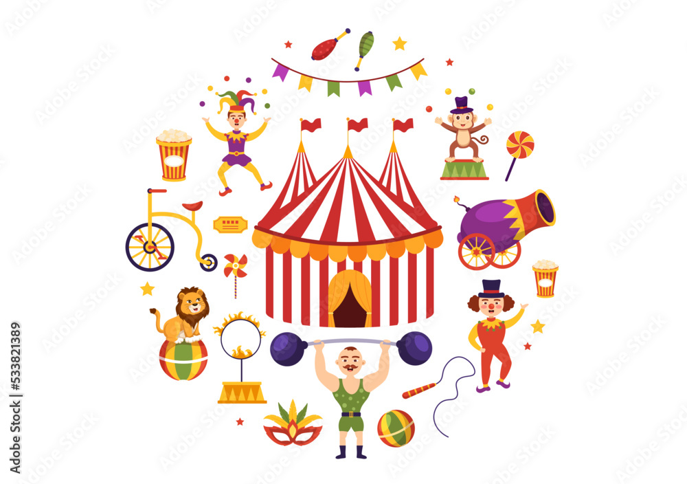 Circus Template Hand Drawn Cartoon Flat Illustration with Show of Gymnast, Magician, Animal Lion, Host, Entertainer, Clowns and Amusement Park Circus Template Hand Drawn Cartoon Flat Illustration with Show of Gymnast, Magician, Animal Lion, Host, Entertainer, Clowns and Amusement Park