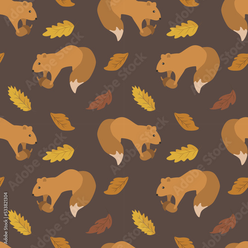 vector seamless pattern in flat style with squirrel and autumn fall photo