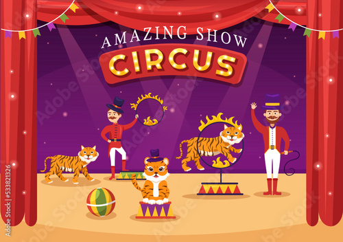 Circus Template Hand Drawn Cartoon Flat Illustration with Show of Gymnast, Magician, Animal Lion, Host, Entertainer, Clowns and Amusement Park