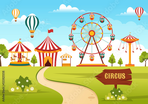 Circus Template Hand Drawn Cartoon Flat Illustration with Show of Gymnast, Magician, Animal Lion, Host, Entertainer, Clowns and Amusement Park