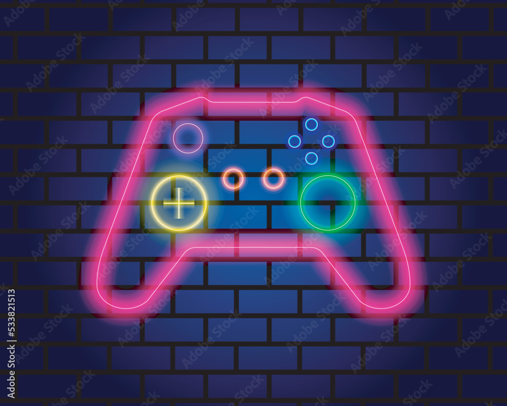 Gaming Controller Neon Logo in Blue Brick Wall Background Stock Vector ...