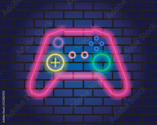 Gaming Controller Neon Logo in Blue Brick Wall Background