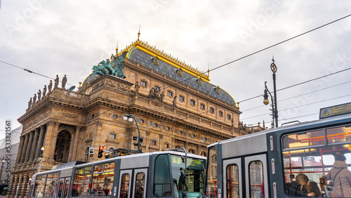 National Theatre and public transportation , Cultural institution and historic buildings in Prague old town during winter : Prague , Czech : December 12 , 2019