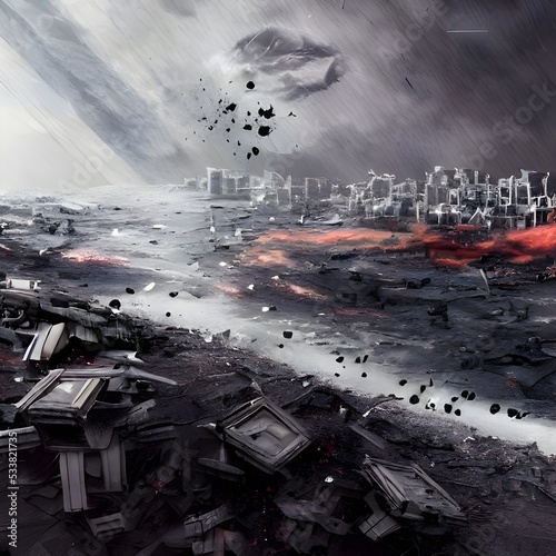 The doomsday scene of earth. Eerie night scene of the aftermath of an explosion