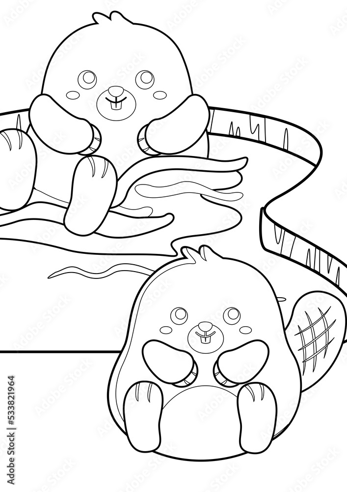 Obraz premium Cute Beaver Pond Animal Coloring Pages A4 for Kids and Adult