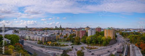 Panorama vista point view over the district Södermalm, apartment houses churches and office towers an autumn afternoon day in Stockholm