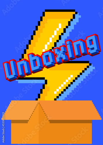 Unboxing. Pixelated word with geometric graphic background. Vector cartoon illustration.