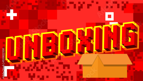 Unboxing. Pixelated word with geometric graphic background. Vector cartoon illustration.