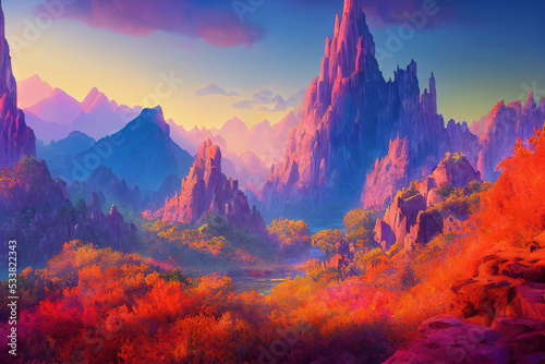 Majestic Land with Mountain Fog Sun and Forest River. Fantasy Backdrop Concept Art Realistic Illustration Video Game Background Digital Painting CG Artwork Scenery Artwork Serious Book Illustration 