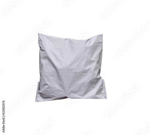 Closed grey polythene envelope mailer bag for delivery shipping packaging isolated on white background , clipping path