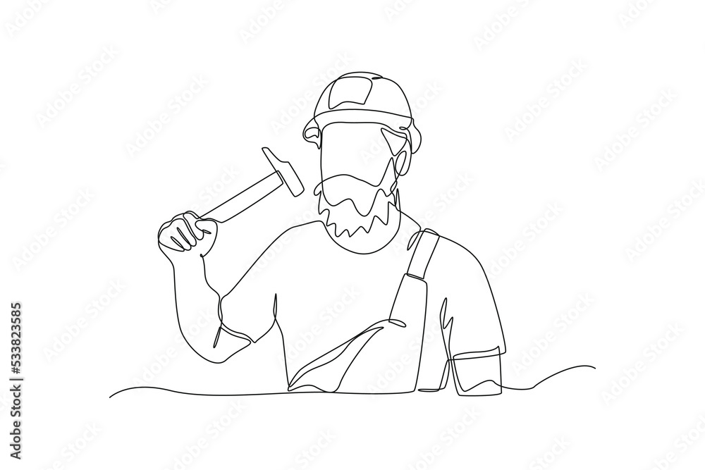 Continuous one line drawing a man construction holding hammer in one hand ready to work. Construction and building concept. Single line draw design vector graphic illustration.