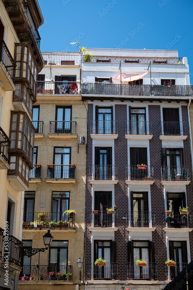 Old downtown of San Sebastian or Donostia city, touristic destination in Basque Country, north of Spain